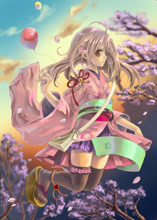 kagetsu suzu, original, japanese clothes, kimono, kimono skirt, solo, thighhighs, zettai ryouiki