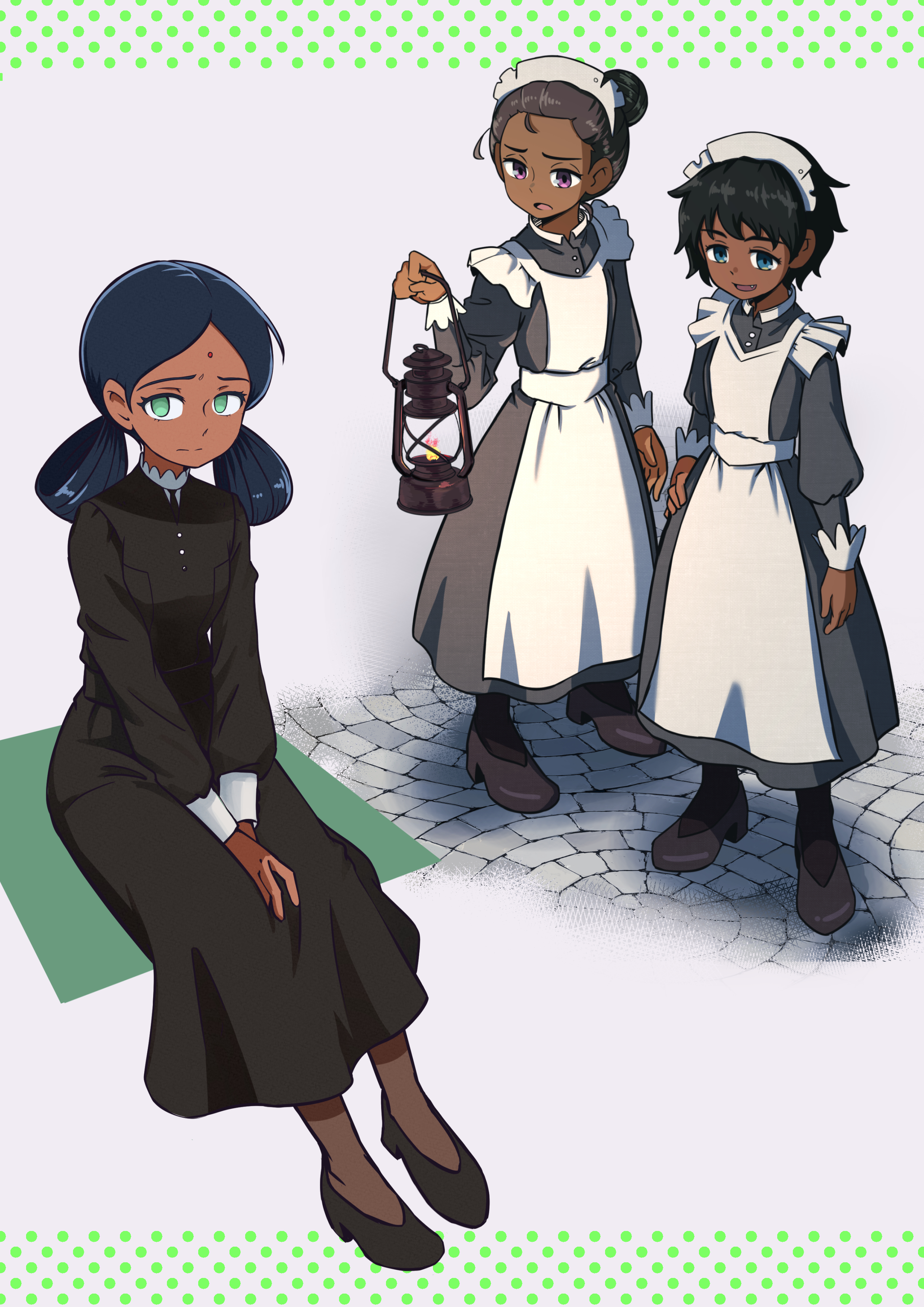 okai (pixiv6333), kanchana, lalah sune, vani (gundam), gundam, gundam gquuuuuux, absurdres, highres, 3girls, apron, black hair, blue eyes, brown hair, dark-skinned female, dark skin, double bun, dress, fang, full body, green eyes, hair bun, holding, holding lantern, lantern, long sleeves, maid, maid headdress, multiple girls, open mouth, purple eyes, short hair, single hair bun, sitting, smile, standing
