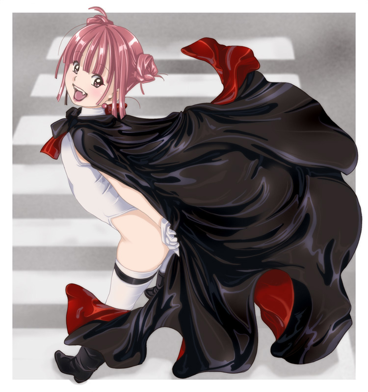 yozora, original, 1girl, boots, cape, fangs, female focus, pink hair, red eyes, solo, thighhighs, vampire