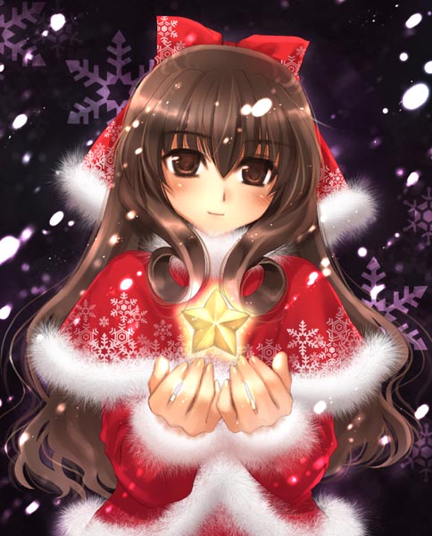 kawaku, belcana raizanarza, original, shin sword word rpg replay next, sword world, 1girl, brown eyes, brown hair, christmas, female focus, hair ribbon, long hair, ribbon, santa costume, smile, snow, snowing, solo, star (symbol)
