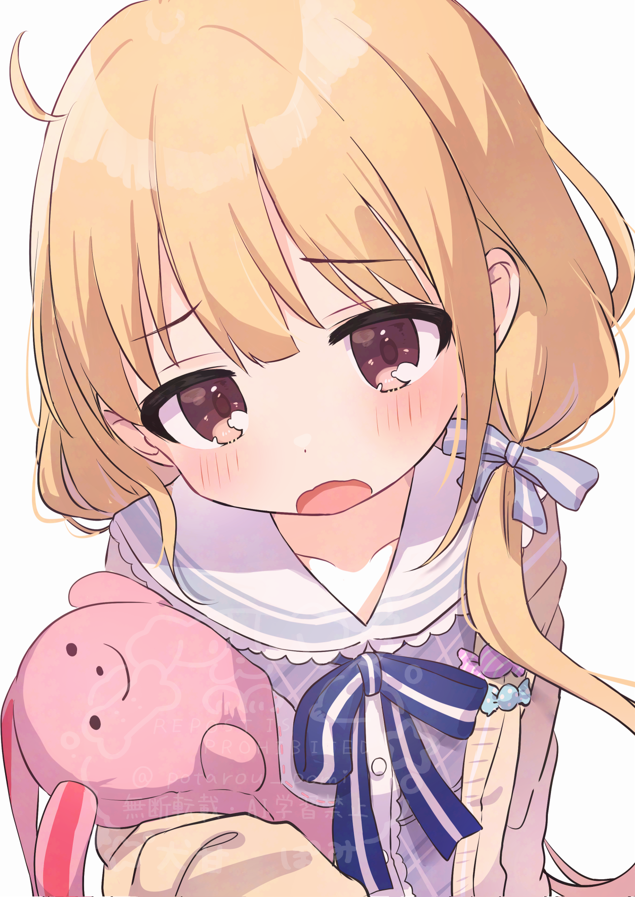 potarou pomi, futaba anzu, idolmaster, idolmaster cinderella girls, commentary request, highres, 1girl, :o, blonde hair, blue dress, blue ribbon, blush, cardigan, dress, frilled sailor collar, frills, furrowed brow, hair ribbon, neck ribbon, ribbon, sailor collar, simple background, solo, stuffed animal, stuffed rabbit, stuffed toy, watermark, white background, white sailor collar, yellow cardigan