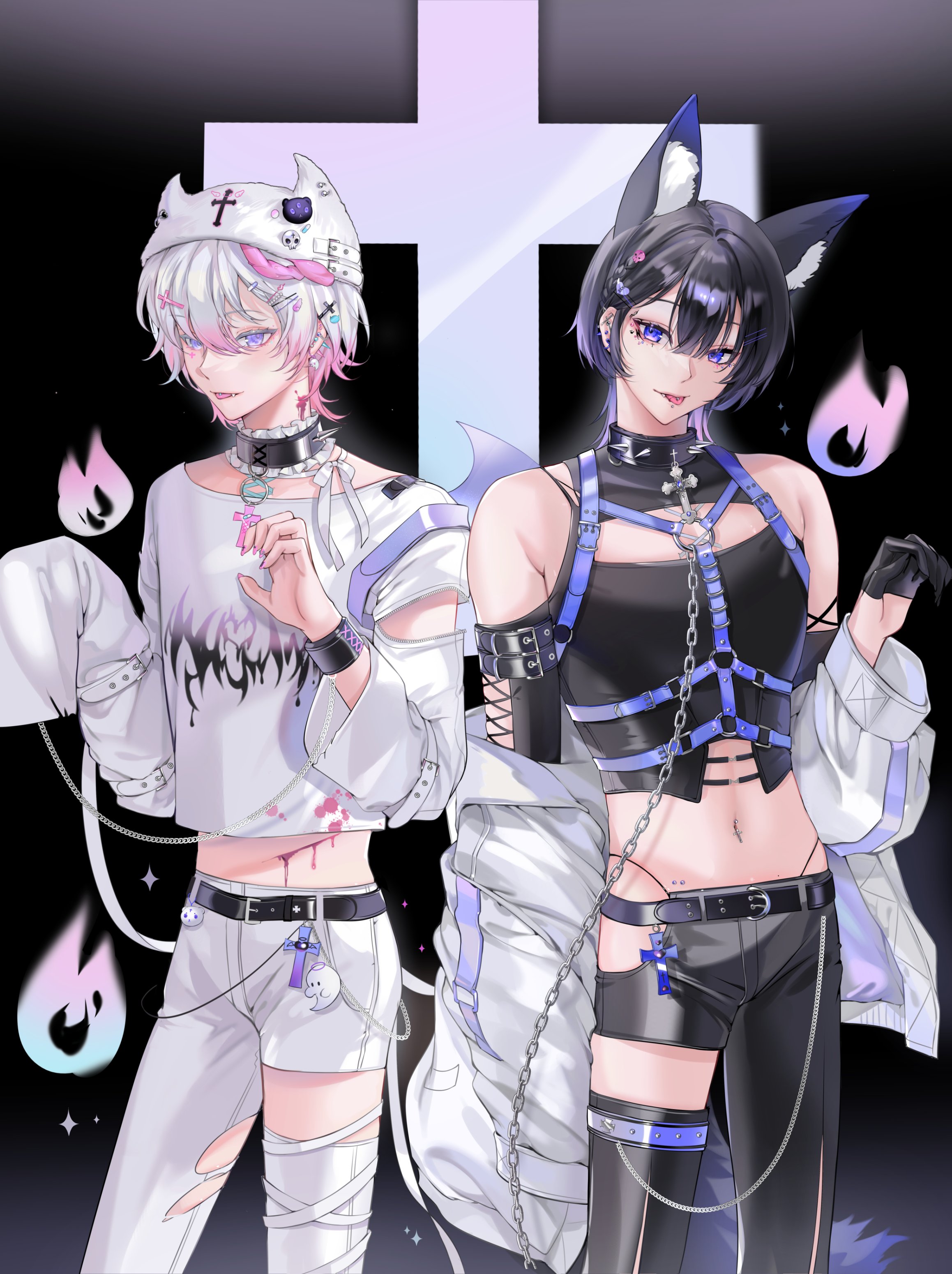 saga666, original, absurdres, highres, 2boys, animal ear fluff, animal ears, barbell piercing, bare shoulders, belt, belt buckle, black background, black belt, black gloves, black hair, black pants, black shirt, blue eyes, buckle, cowboy shot, cropped shirt, cross, cross ornament, ear piercing, fire, gloves, hair between eyes, hair ornament, half gloves, hand up, hat, industrial piercing, latin cross, long sleeves, looking at viewer, male focus, midriff, multiple boys, multiple piercings, nail polish, navel, pants, parted bangs, piercing, pink fire, pink nails, purple eyes, shirt, short hair, smile, tongue, tongue out, tongue piercing, white hair, white hat, white pants, white shirt