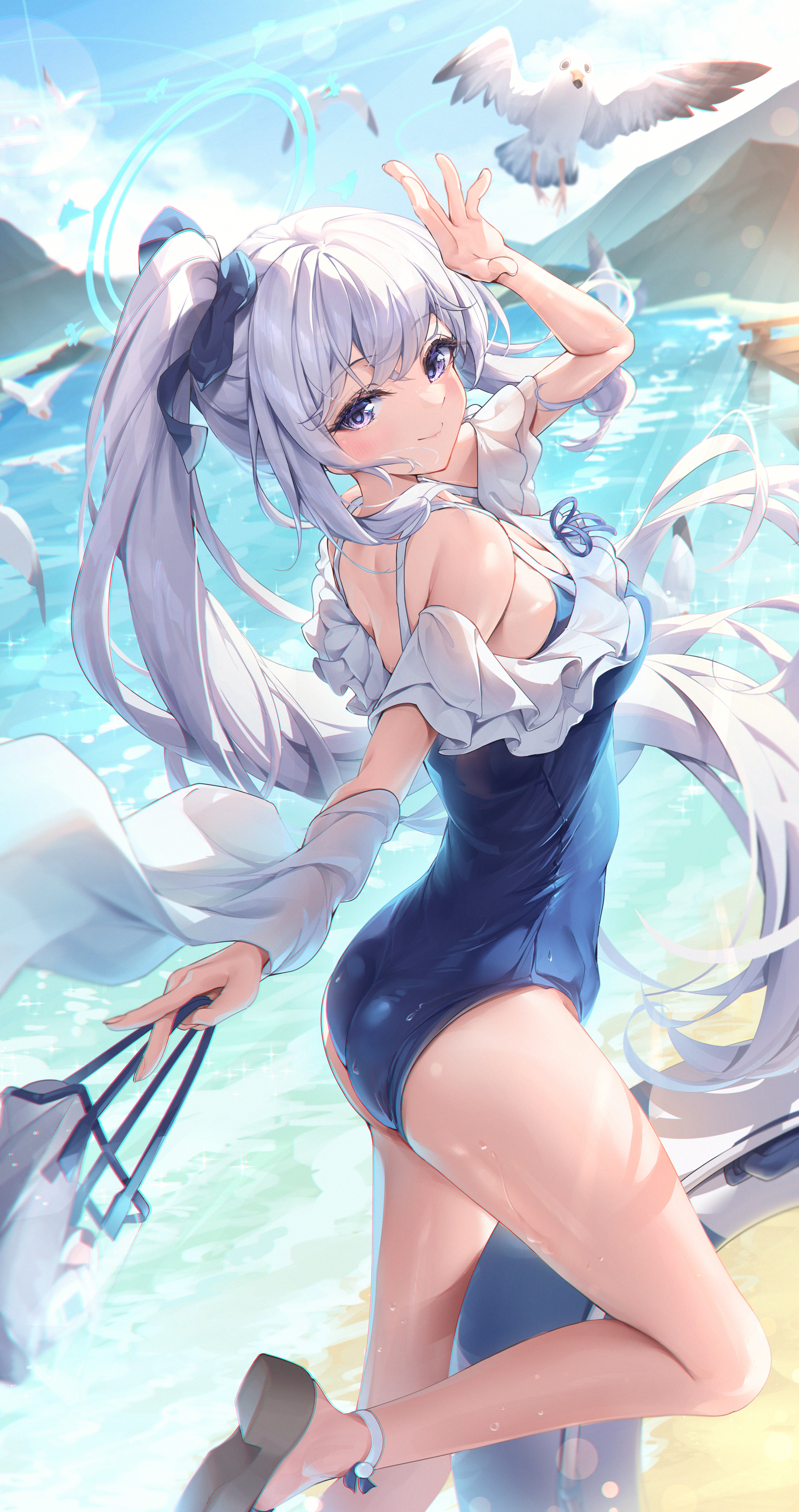 norimori, miyako (blue archive), miyako (swimsuit) (blue archive), blue archive, absurdres, highres, 1girl, ass, bag, bird, blue halo, blue one-piece swimsuit, blue sky, blush, breasts, casual one-piece swimsuit, closed mouth, day, frilled one-piece swimsuit, frills, halo, handbag, holding, holding bag, long hair, looking at viewer, medium breasts, ocean, off-shoulder one-piece swimsuit, off shoulder, one-piece swimsuit, ponytail, purple eyes, seagull, sky, smile, swimsuit, thighs, very long hair, white hair, white innertube