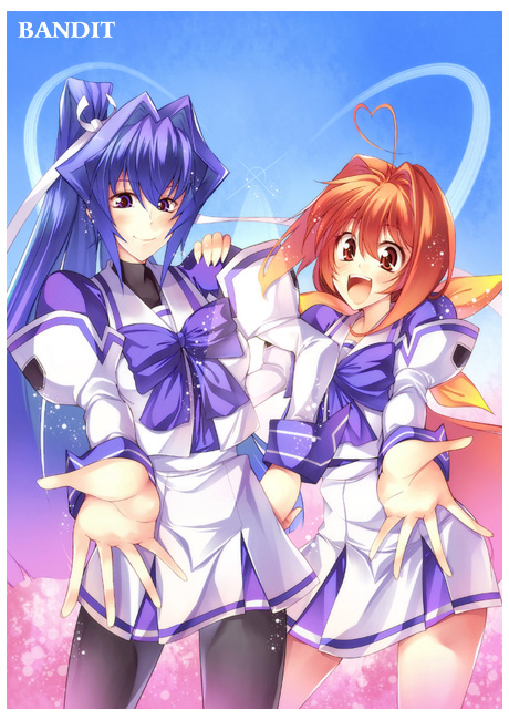 kawakami shuuichi, shu (artist), kagami sumika, mitsurugi meiya, muv-luv, 2girls, hair intakes, multiple girls, pantyhose, school uniform, serafuku