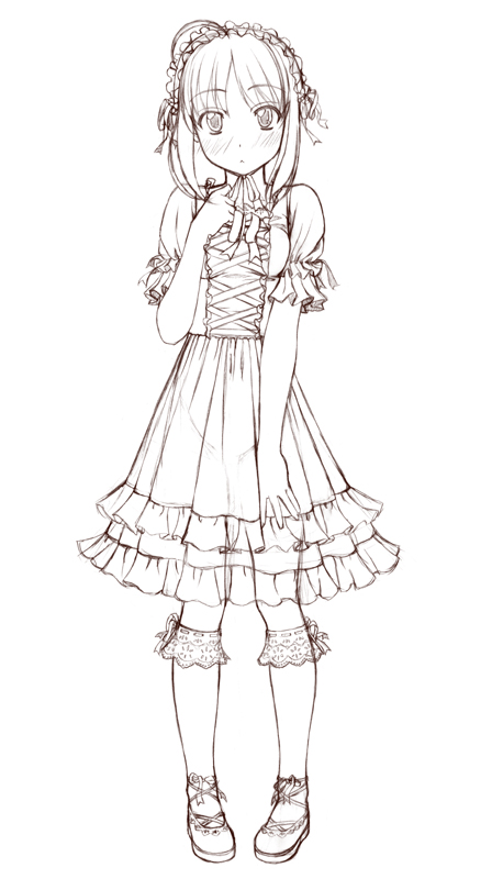 sin-go, artoria pendragon (fate), saber (fate), fate/stay night, fate (series), 00s, 1girl, blush, dress, female focus, frills, goth fashion, kneehighs, lolita fashion, monochrome, socks, solo, sweet lolita