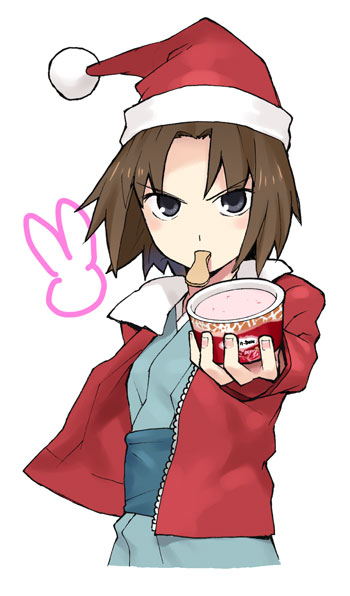 takenashi eri, ryougi shiki, haagen-dazs, kara no kyoukai, 1girl, brown eyes, brown hair, christmas, female focus, food, hat, ice cream, jacket, japanese clothes, kimono, obi, rabbit, red jacket, santa costume, santa hat, sash, short hair, simple background, solo, white background
