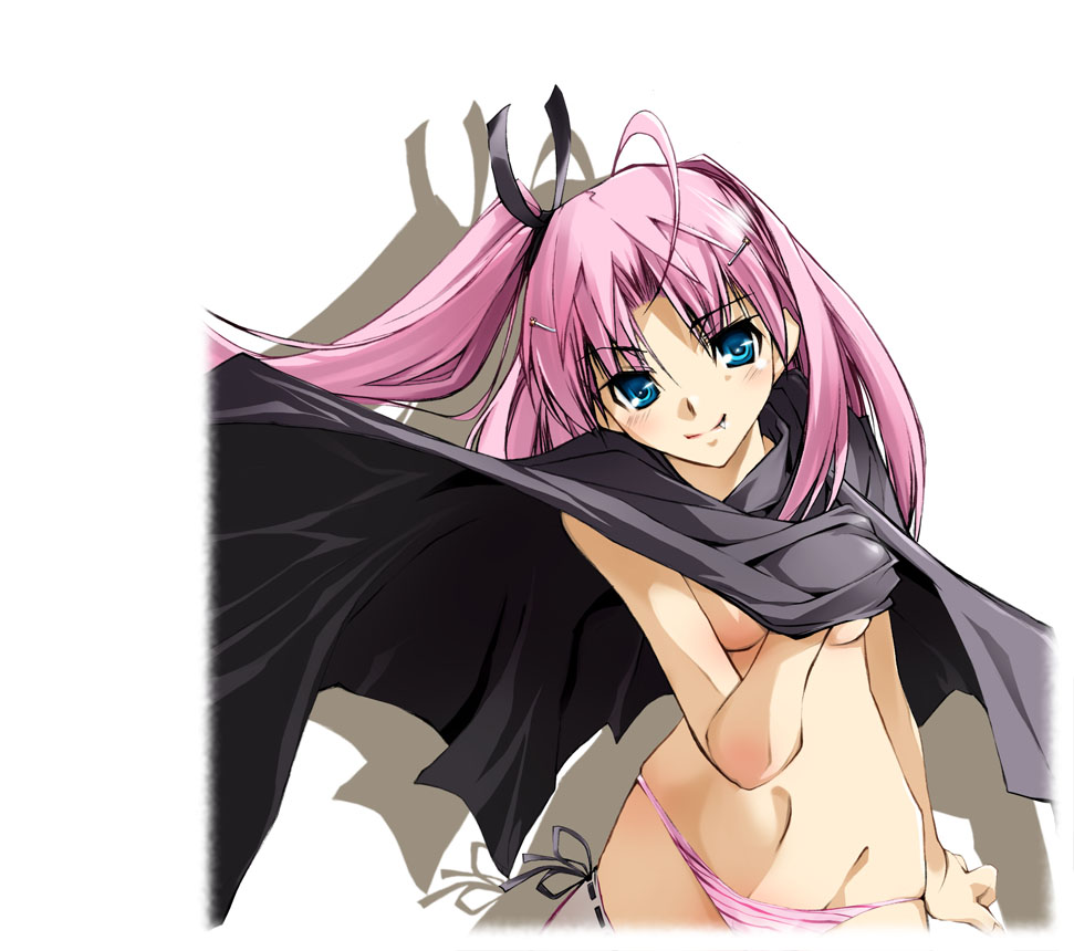 nagare hyougo, maaryan (to heart), to heart (series), to heart 2, 00s, 1girl, ahoge, blue eyes, breasts, cape, fang, female focus, lowleg, lowleg panties, no bra, not-flat-ver, panties, pink hair, pink panties, shadow, side ponytail, smile, solo, striped clothes, striped panties, thighhighs, underboob, underwear