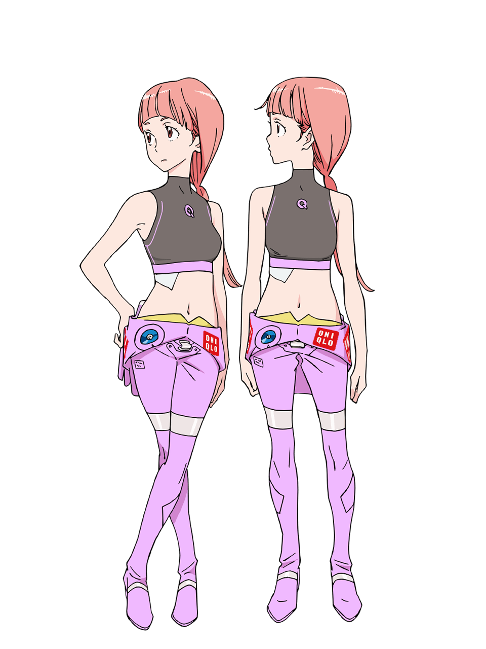 yoshida ken'ichi, chikyuugai shounen shoujo, highres, official art, 2girls, anime coloring, armpits, blunt bangs, breasts, brown eyes, closed mouth, collared shirt, full body, grey shirt, hand on own hip, jumpsuit, long hair, looking at viewer, medium breasts, multiple girls, nasa houston, navel, pink hair, pink jumpsuit, ponytail, profile, shirt, simple background, sleeveless, sleeveless shirt, spacesuit, standing, transparent background