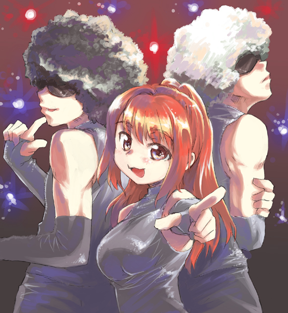 original, 1girl, 2boys, :d, afro, black dress, black hair, breasts, brown eyes, dress, large breasts, long hair, looking at viewer, multiple boys, open mouth, pointing, pointing at viewer, red hair, smile, sunglasses, taut clothes, white hair