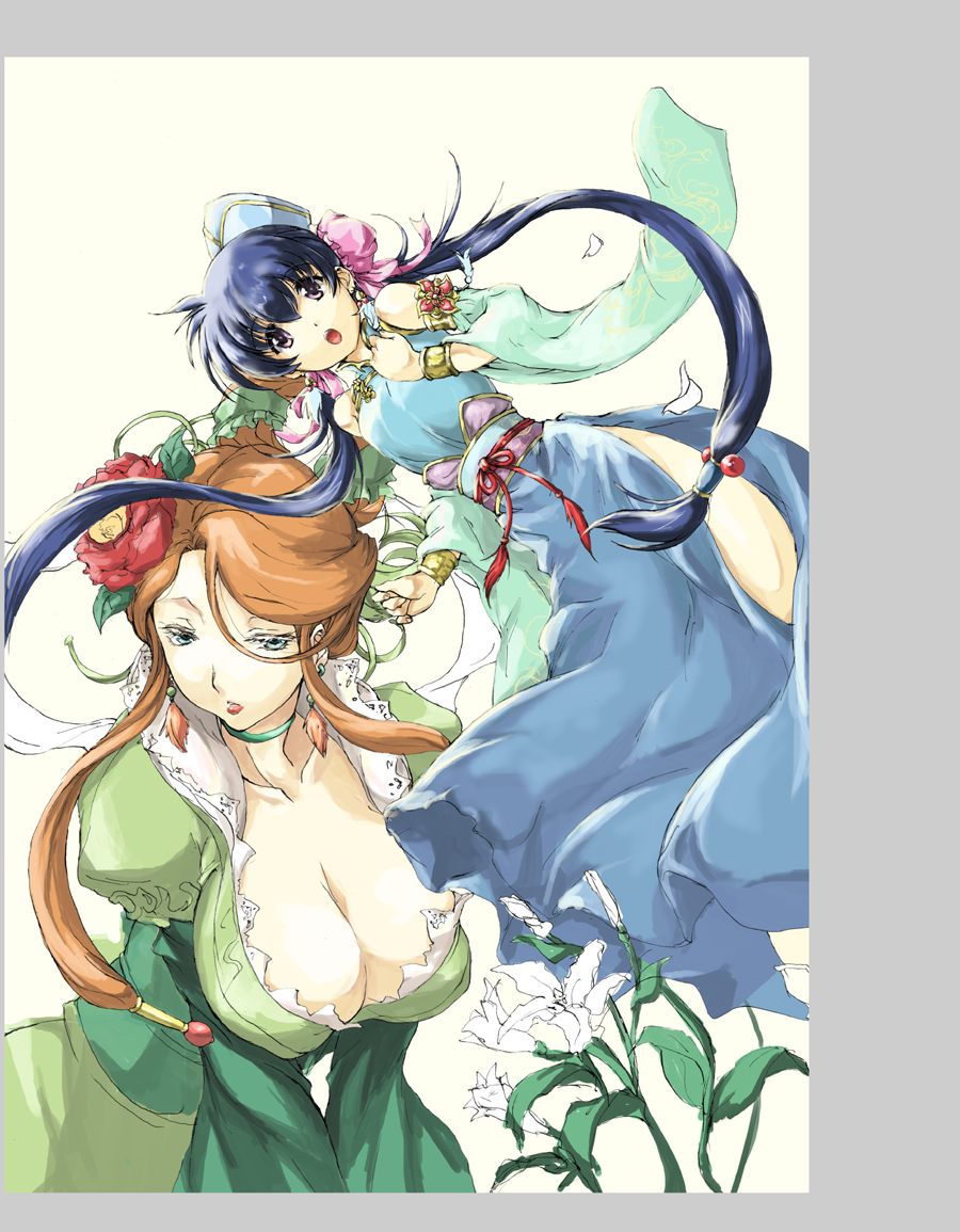 matsukura nemu, san chin, sangokushi taisen, 2girls, blue eyes, blue hair, breasts, brown hair, bun cover, choker, cleavage, double bun, dress, earrings, flat chest, flower, hair bobbles, hair bun, hair flower, hair ornament, hat, huge breasts, jewelry, large breasts, lipstick, long hair, makeup, multiple girls, open mouth, purple eyes, twintails, very long hair