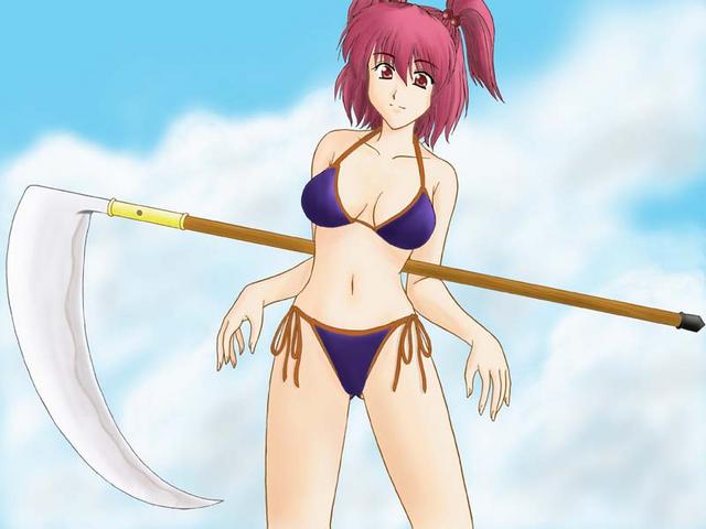 gyotaro, minase masaru, onozuka komachi, touhou, jpeg artifacts, 1girl, bikini, breasts, cowboy shot, day, female focus, large breasts, looking at viewer, navel, purple bikini, scythe, side-tie bikini bottom, solo, swimsuit