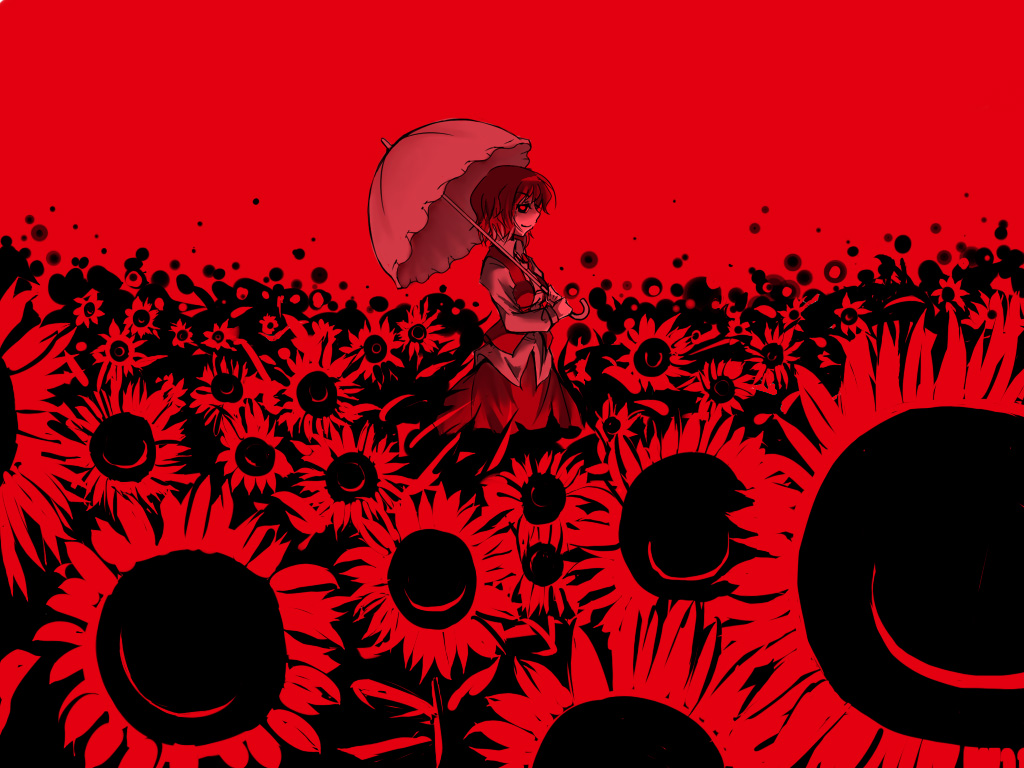 a utopia, hirase yuu, kazami yuuka, touhou, 1girl, female focus, flower, monochrome, parasol, red background, red theme, smile, solo, sunflower, umbrella