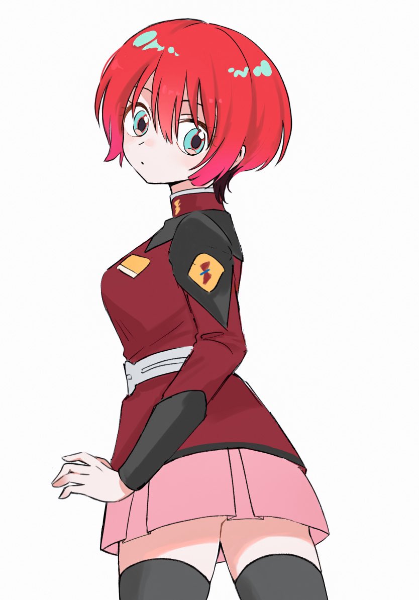 amate yuzuriha, lunamaria hawke, gundam, gundam gquuuuuux, gundam seed, gundam seed destiny, 1girl, aqua eyes, black thighhighs, breasts, cosplay, jacket, long sleeves, looking at viewer, looking back, lunamaria hawke (cosplay), military jacket, military uniform, miniskirt, nekomo nya, pink skirt, red hair, red jacket, shirt, short hair, simple background, skirt, solo, thighhighs, white background, zaft uniform