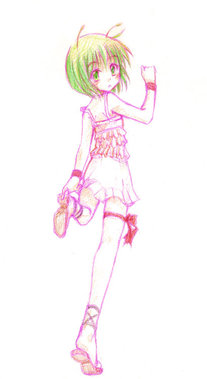 a utopia, hirase yuu, princess wriggle, wriggle nightbug, touhou, 1girl, alternate costume, ankle lace-up, antennae, camisole, casual, contemporary, female focus, from behind, full body, green hair, looking back, sandals, short hair, sketch, skirt, solo, white background, wristband