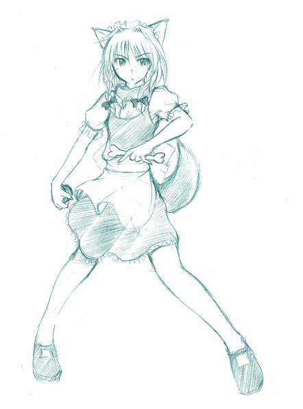 a utopia, hirase yuu, inu sakuya (nejikirio), izayoi sakuya, touhou, 1girl, animal ears, aqua theme, bone, dog ears, dog tail, female focus, kemonomimi mode, monochrome, sketch, solo, tail