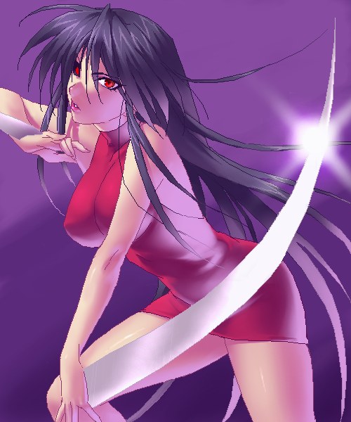 zen, kagari, kagari (ushio to tora), ushio to tora, ushiototora, 1990s (style), 1girl, black hair, dress, female focus, halterneck, long hair, oekaki, red eyes, retro artstyle, solo