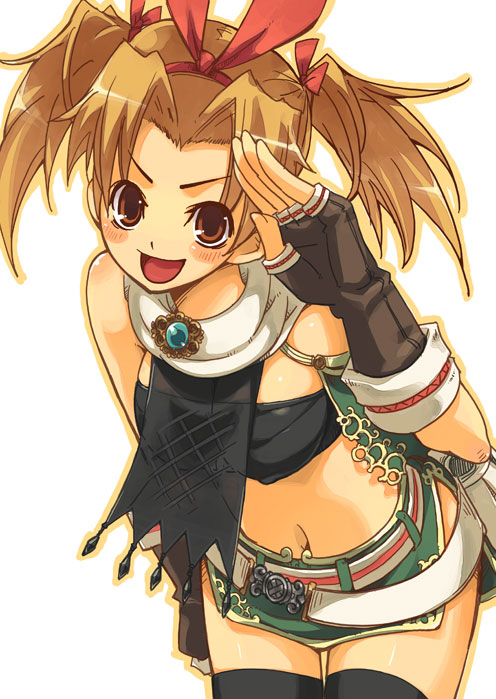 super zombie, suupaa zonbi, fantasy earth zero, 1girl, belt, brown hair, female focus, fingerless gloves, gloves, leaning forward, midriff, navel, salute, short shorts, shorts, smile, solo, thighhighs, twintails, zettai ryouiki