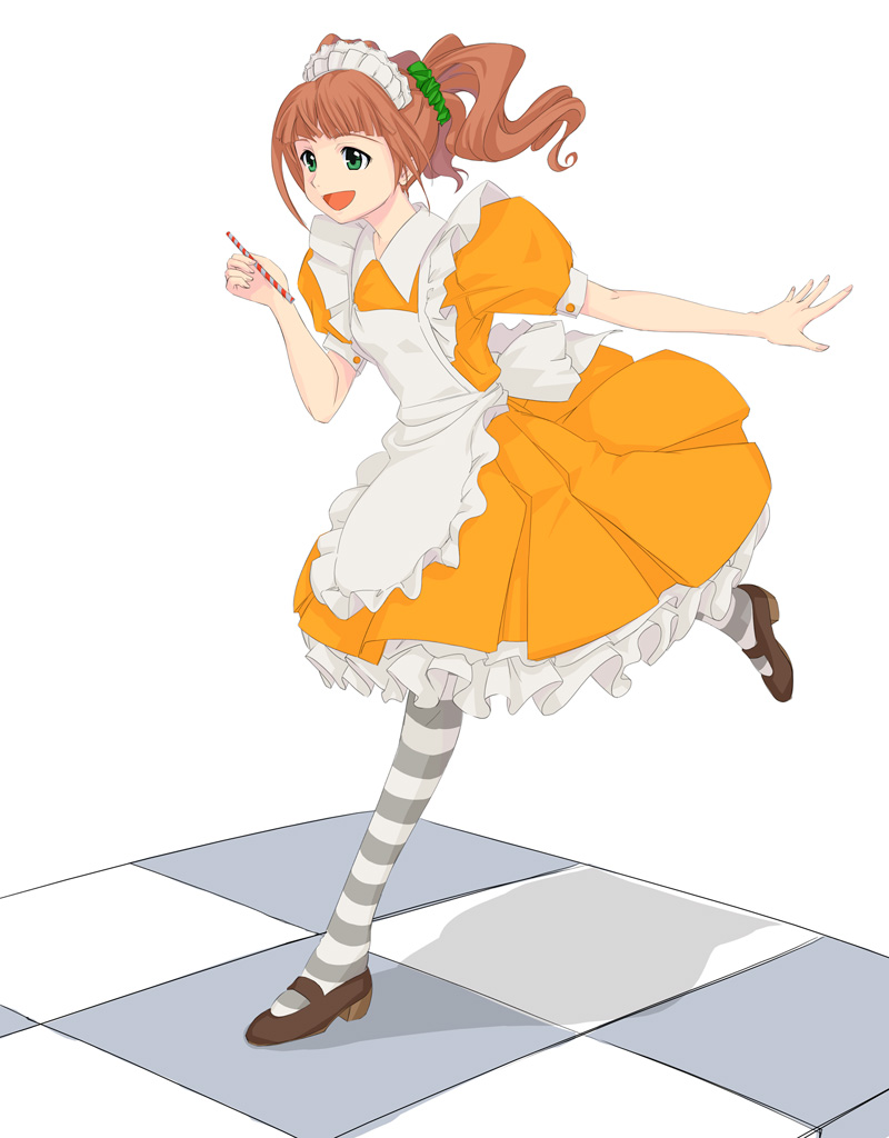 takahashi ren, takatsuki yayoi, idolmaster, idolmaster (classic), idolmaster 1, maid fairy tale, 00s, 1girl, brown hair, checkered floor, female focus, full body, green eyes, happy, maid, open mouth, pantyhose, solo, striped clothes, striped pantyhose, twintails, white background