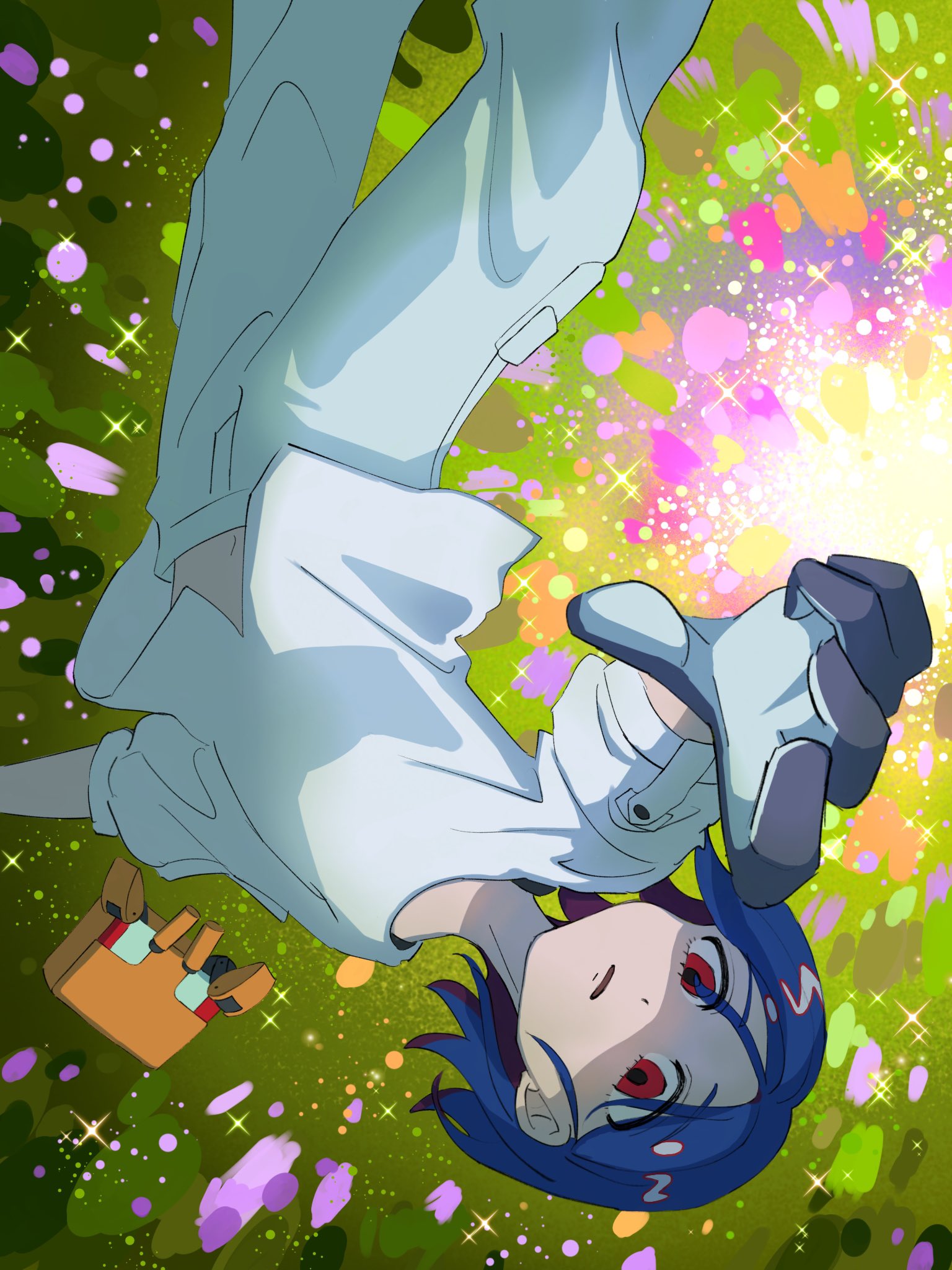 conch (gundam), shuji ito, gundam, gundam gquuuuuux, highres, 1boy, blue hair, colored inner hair, floating, gloves, looking at viewer, lower eyelashes only, male focus, midriff peek, multicolored hair, navel, non-humanoid robot, open mouth, outstretched hand, pants, purple hair, red eyes, robot, shaded face, shirt, short hair, solo, two-tone hair, uda amate, upside-down, white shirt