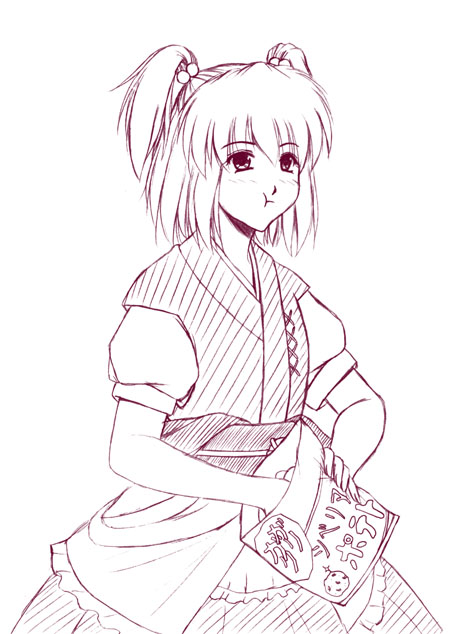 gyotaro, minase masaru, onozuka komachi, touhou, 1girl, :t, blush, chips (food), eating, expressionless, female focus, food, full mouth, japanese clothes, monochrome, potato chips, solo