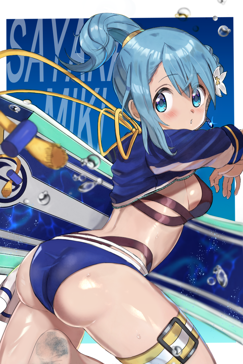 hitoshi suda, miki sayaka, miki sayaka (surfer ver.), magia record: mahou shoujo madoka magica gaiden, mahou shoujo madoka magica, commentary request, highres, 1girl, ass, belt, bikini, bikini under clothes, black bikini, blue eyes, blue hair, blue jacket, border, breasts, character name, cropped jacket, flower, hair flower, hair ornament, holding, holding surfboard, jacket, looking at viewer, looking back, outside border, soles, solo, surfboard, swimsuit, thigh belt, thigh strap, water drop, white border
