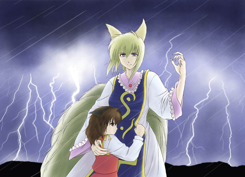 gyotaro, minase masaru, chen, yakumo ran, touhou, 2girls, blonde hair, female focus, fingernails, lightning, long fingernails, multiple girls, no headwear, protecting, rain, surcoat, tabard