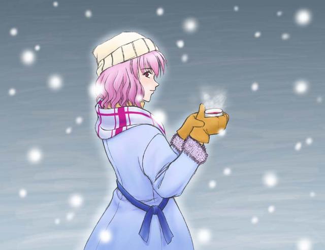 gyotaro, minase masaru, saigyouji yuyuko, touhou, 1girl, coat, female focus, hat, snow, snowing, solo