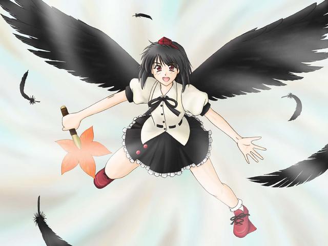 gyotaro, minase masaru, shameimaru aya, touhou, 1girl, black wings, female focus, geta, hat, looking at viewer, open mouth, smile, solo, tengu-geta, wings
