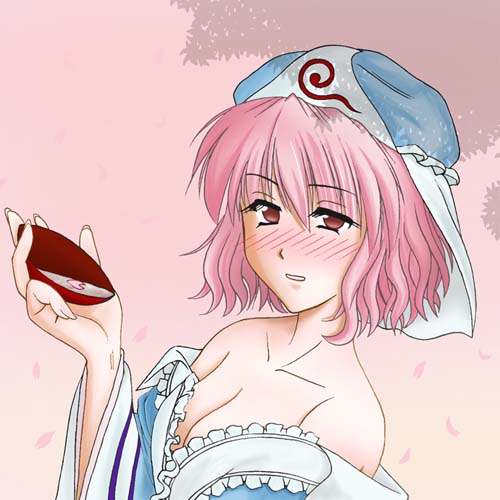 gyotaro, minase masaru, saigyouji yuyuko, touhou, lowres, 1girl, alcohol, bare shoulders, blue hat, blush, breasts, cleavage, drunk, female focus, hat, large breasts, mob cap, petals, pink eyes, pink hair, sake, solo