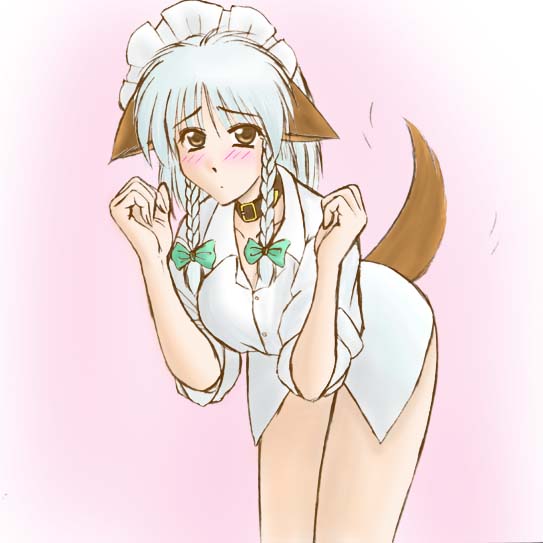 gyotaro, minase masaru, inu sakuya (nejikirio), izayoi sakuya, touhou, silver hair, 1girl, animal ears, blush, braid, dog ears, dog tail, female focus, kemonomimi mode, short hair, solo, tail, twin braids