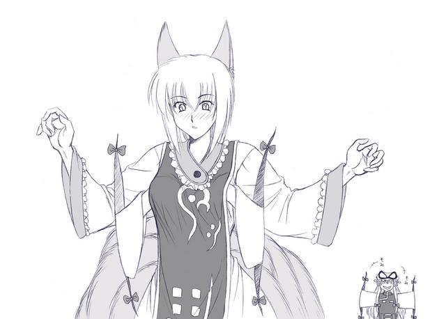 gyotaro, minase masaru, yakumo ran, yakumo yukari, touhou, 2girls, animal ears, blush, breasts, female focus, fox ears, fox tail, gap (touhou), grabbing another's breast, greyscale, groping, monochrome, multiple girls, multiple tails, tabard, tail, yuri