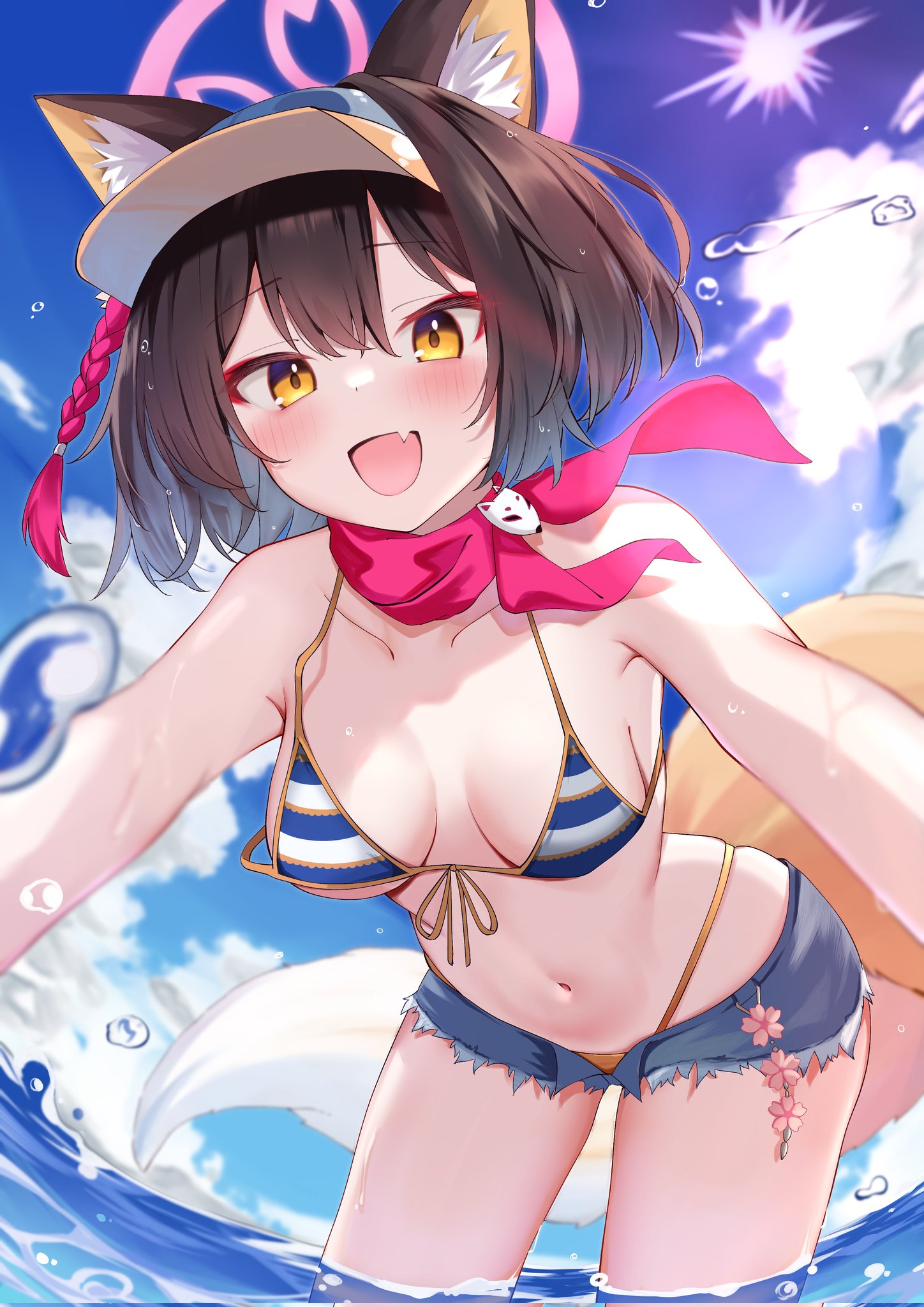 calin, izuna (blue archive), izuna (swimsuit) (blue archive), blue archive, commentary, highres, 1girl, :d, animal ear fluff, animal ears, bikini, bikini under shorts, breasts, brown hair, denim, denim shorts, eyeshadow, fang, fox ears, fox girl, fox tail, front-tie bikini top, front-tie top, halo, highleg, highleg bikini, looking at viewer, makeup, medium breasts, micro shorts, official alternate costume, open clothes, open mouth, open shorts, pink halo, red scarf, scarf, short hair, shorts, skin fang, smile, solo, striped bikini, striped clothes, swimsuit, tail, visor cap, yellow eyes