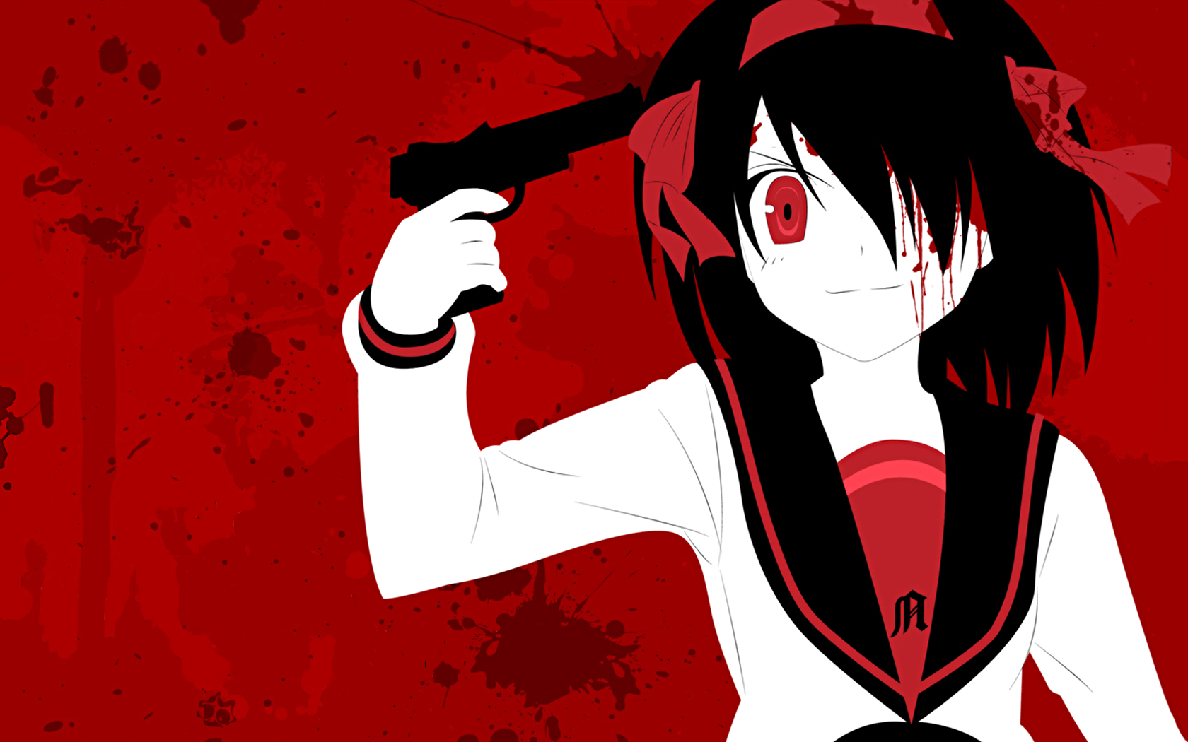 zono (rinkara-sou), suzumiya haruhi, atlus, persona, persona 3, suzumiya haruhi no yuuutsu, derivative work, highres, vector trace, 1girl, blood, evoker, female focus, flat color, goth fashion, gun, gun to head, hairband, holding, holding gun, holding weapon, parody, red background, red eyes, red theme, solo, suicide, weapon