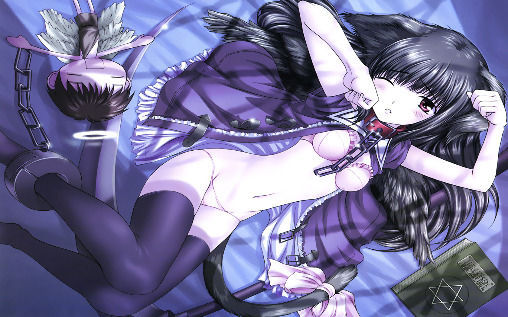 mogami sendou, dengeki moeoh, bad aspect ratio, highres, rotated, 1girl, animal ears, black hair, book, cat ears, cat tail, collar, female focus, lying, one eye closed, panties, scythe, solo, tail, thighhighs, underwear, wink
