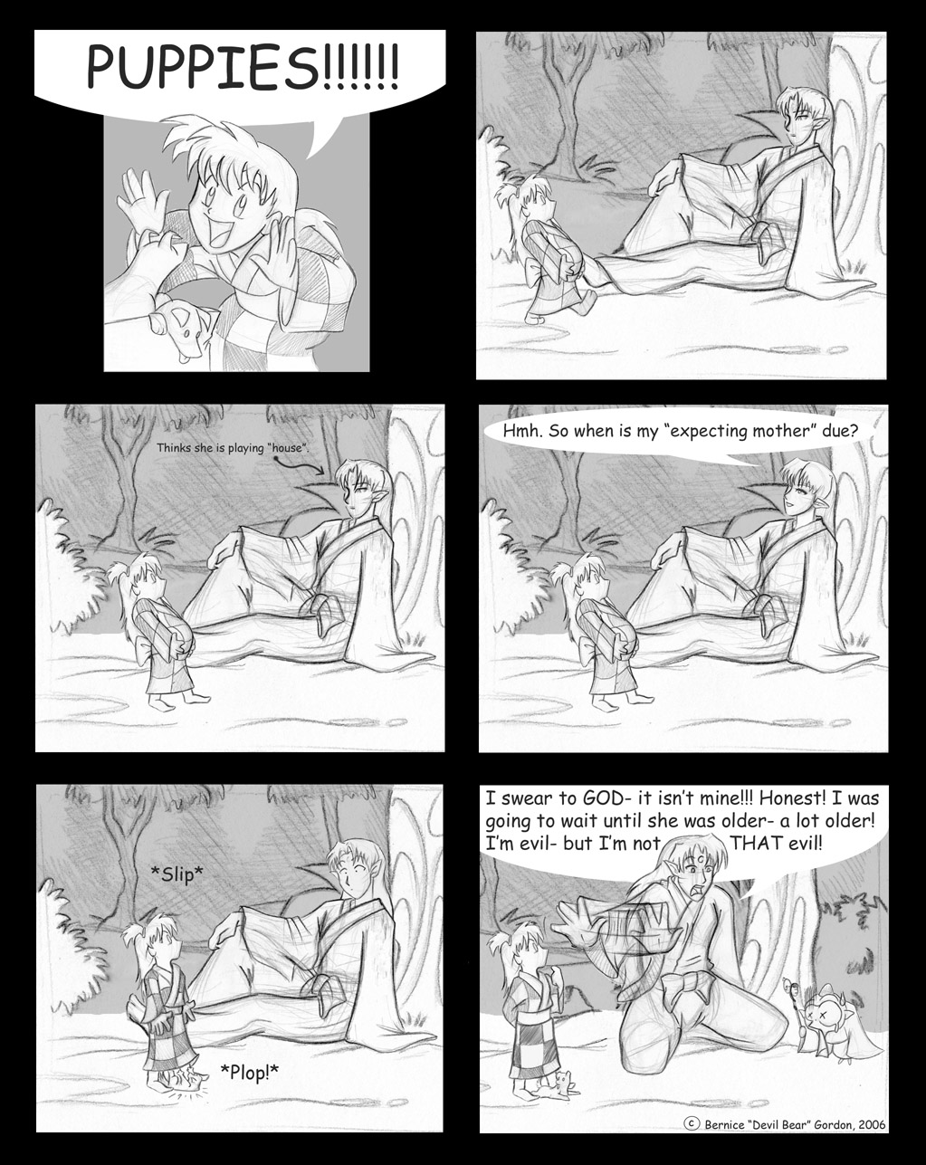 bernice gordon, jaken, rin (inuyasha), sesshoumaru, inuyasha, joke, highres, comic, dog, japanese clothes, monochrome, parody, pregnant