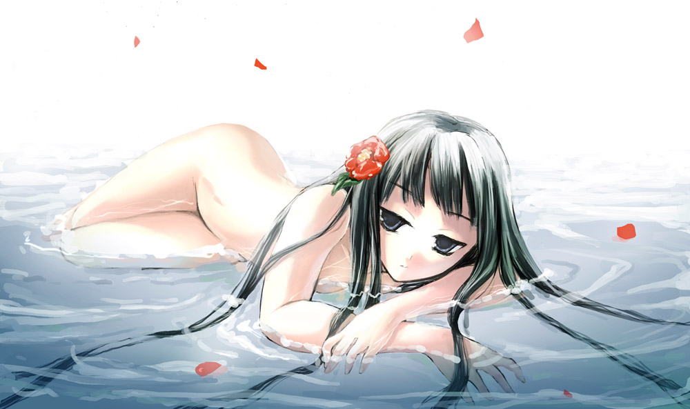kaiji nekotsuki, nekou izuru, original, 1girl, black eyes, black hair, female focus, flower, hair flower, hair ornament, long hair, lying, nude, on stomach, solo, water, wet