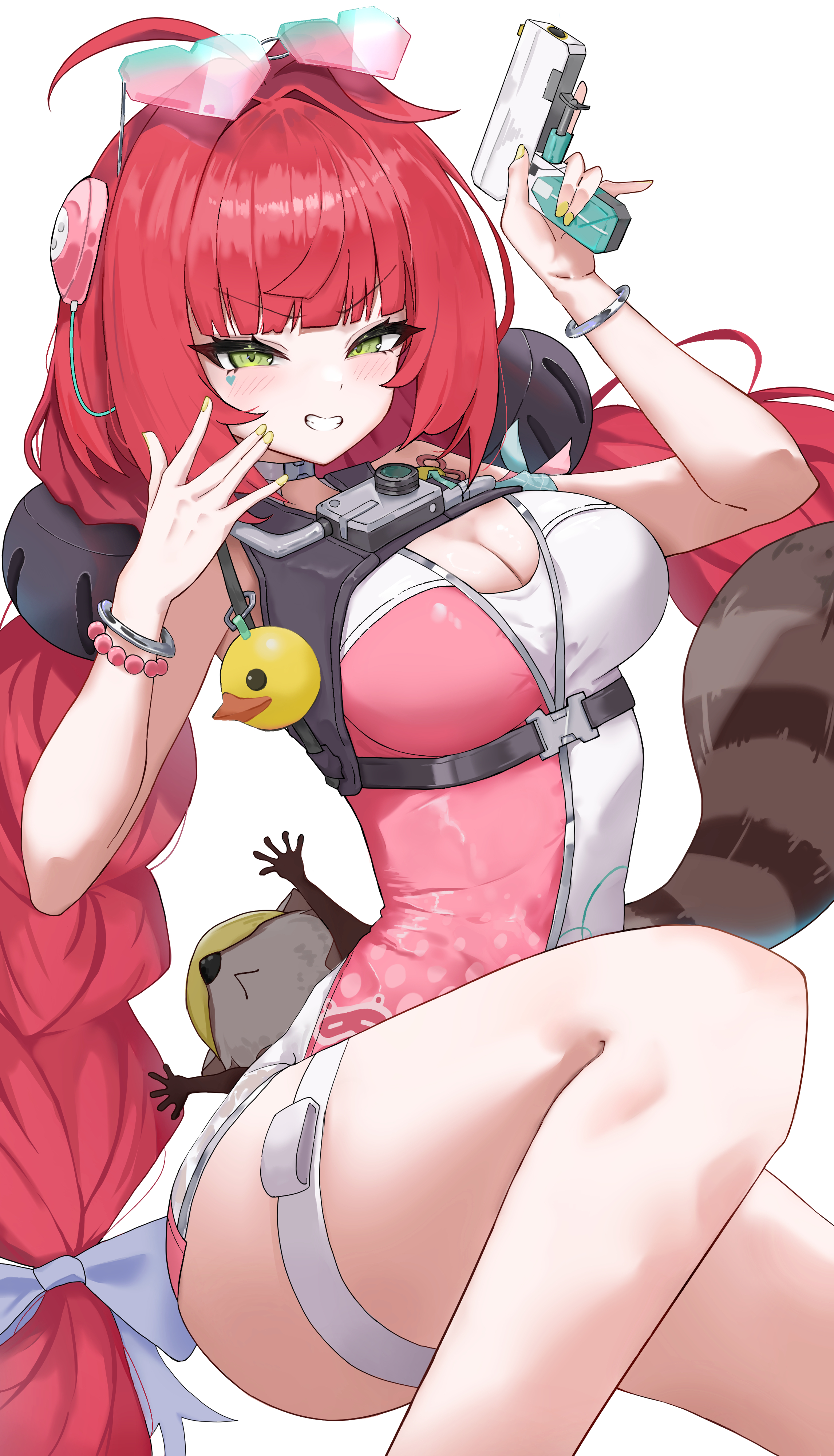 zo (nphm3333), ukinami yuzuha, zenless zone zero, braided twintails, absurdres, highres, 1girl, ahoge, animal on back, bare shoulders, bikini top under shirt, bracelet, braid, breasts, cardigan, cleavage, eyewear on head, facial mark, green eyes, headphones, heart, heart-shaped eyewear, heart facial mark, holding, holding water gun, jewelry, large breasts, long hair, looking at viewer, low twin braids, one-piece swimsuit, pink cardigan, pink one-piece swimsuit, red hair, scrunchie, simple background, smile, solo, sphere hair ornament, swimsuit, thigh strap, twin braids, two-tone one-piece swimsuit, water gun, white background, wrist scrunchie