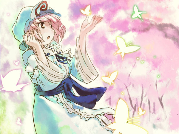 hota, iyokan, saigyouji yuyuko, touhou, 1girl, bug, butterfly, female focus, insect, solo
