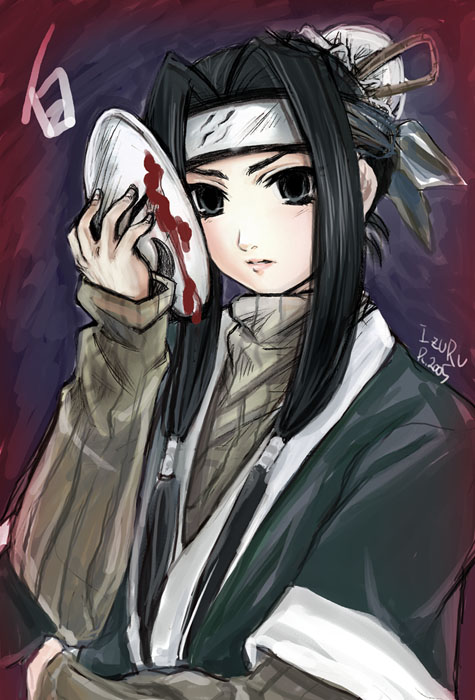 kaiji nekotsuki, nekou izuru, haku (naruto), naruto (classic), naruto (series), eyebrows, 1boy, black eyes, black hair, blood, blood stain, eyelashes, fingernails, forehead protector, hair bun, layered sleeves, lips, male focus, mask, solo, trap