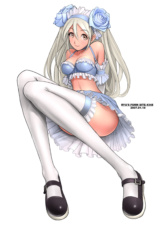 ryu (ryu's form site), original, 1girl, breasts, cleavage, fashion, female focus, flower, full body, large breasts, legs, lips, long hair, long legs, miniskirt, pinup (style), shoes, skirt, solo, thighhighs, white hair