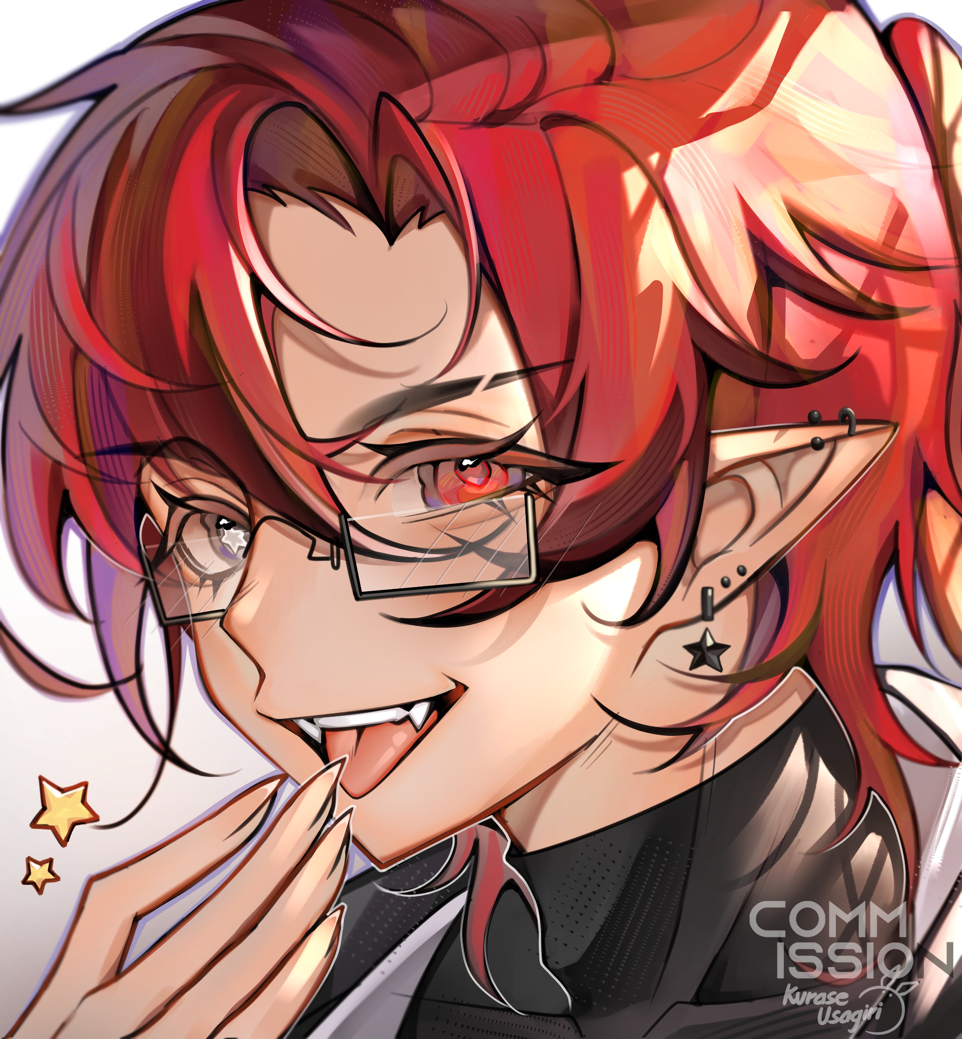 indie virtual youtuber, absurdres, commentary, commission, english commentary, highres, vgen commission, 1boy, black eyes, ear piercing, earrings, eyelashes, fangs, fingernails, floating earrings, glasses, hair between eyes, heterochromia, jewelry, kurase 07, looking at viewer, male focus, multiple piercings, open mouth, parted bangs, piercing, pointy ears, portrait, rectangular eyewear, red eyes, red hair, semi-rimless eyewear, short hair, shystarfall (vtuber), simple background, smile, solo, star (symbol), star earrings, tongue, tongue out, under-rim eyewear, virtual youtuber, white background