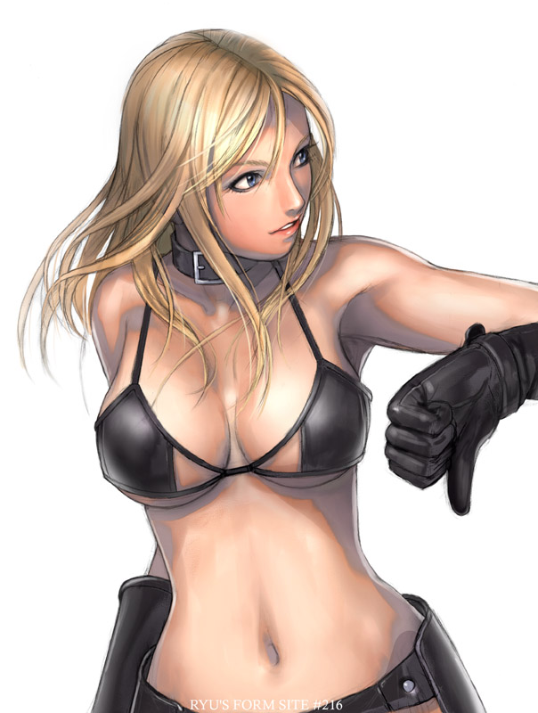 ryu (ryu's form site), dixie clemets, sgt. clemets, rumble roses, 1girl, bikini, black bikini, blonde hair, blue eyes, breasts, chaps, choker, cleavage, collar, female focus, gloves, large breasts, leather, lipstick, long hair, makeup, micro bikini, navel, simple background, smile, solo, swimsuit, thumbs down, underboob