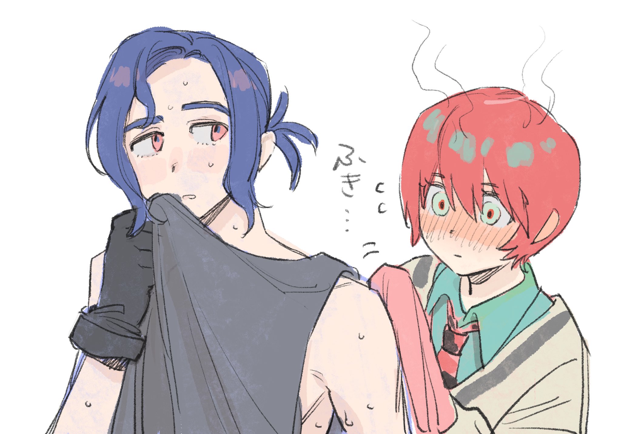 chariot (prettyme), amate yuzuriha, shuji ito, gundam, gundam gquuuuuux, highres, 1boy, 1girl, aqua eyes, blue hair, blush, collared shirt, gloves, holding, holding towel, necktie, open mouth, ponytail, red eyes, red hair, school uniform, shirt, short hair, simple background, sleeveless, sweat, sweater, tank top, towel, upper body, white background, wiping sweat