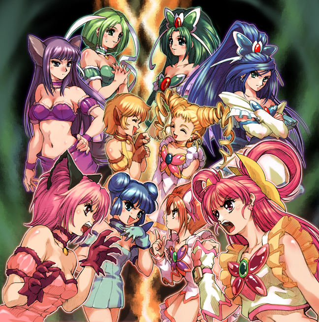 hisahiko, aizawa mint, akimoto komachi, cure aqua, cure dream, cure lemonade, cure mint, cure rouge, fong pudding, fujiwara zakuro, kasugano urara (yes! precure 5), mew ichigo, mew lettuce, mew mint, mew pudding, mew zakuro, midorikawa lettuce, minazuki karen, momomiya ichigo, natsuki rin, yumehara nozomi, precure, tokyo mew mew, yes! precure 5, 00s, 6+girls, :d, ^ ^, angry, animal ears, armband, bandeau, bare shoulders, blonde hair, blue hair, blush, breasts, brooch, bug, butterfly, butterfly hair ornament, cat ears, choker, claws, cleavage, clenched hands, closed eyes, cone hair bun, crop top, crossed arms, crossover, detached sleeves, double bun, dress, drill hair, earrings, everyone, eye contact, fingerless gloves, flat chest, gloves, green hair, hair bun, hair ornament, hair ribbon, hand on own hip, insect, jewelry, large breasts, laughing, long hair, looking at another, magical girl, midriff, multiple girls, navel, open mouth, opposing sides, orange hair, pendant, pink hair, pointing, ponytail, ribbon, short dress, short hair, smile, tail, trait connection, twin drills, twintails, very long hair, vs, wide ponytail, wristband