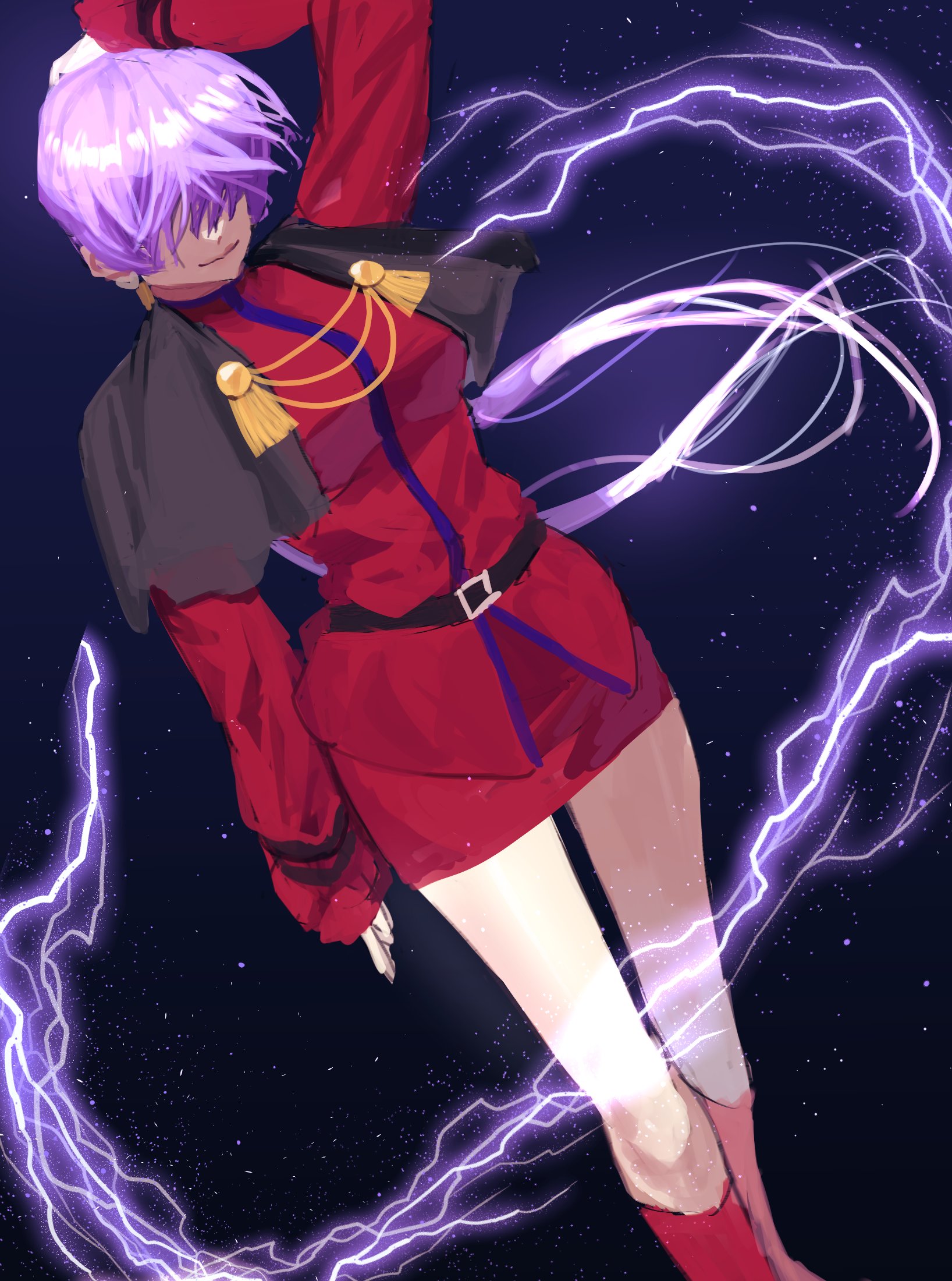 dan koflove, orochi shermie, shermie (kof), the king of fighters, 1girl, boots, breasts, dress, electricity, hand up, large breasts, long hair, long sleeves, pale skin, ponytail, purple hair, smile, standing, thighs, thunder, twintails, wide hips
