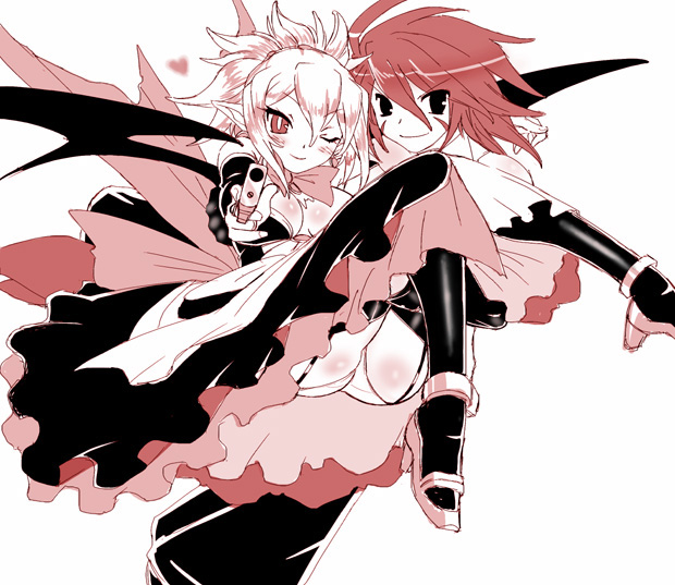 dr.p, adell (disgaea), rozalin, disgaea, makai senki disgaea 2, nippon ichi, 1boy, 1girl, aiming, aiming at viewer, bat wings, black thighhighs, blush, breasts, bright pupils, carrying, couple, demon girl, demon wings, dress, gun, hetero, monochrome, one eye closed, panties, pantyshot, pointy ears, princess carry, simple background, skindentation, smile, thighhighs, underwear, upskirt, weapon, white background, wings, wink