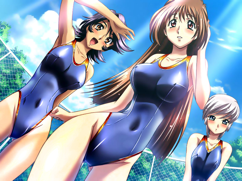 kimura takahiro, irina enomoto, kamishima tomoko, katahira shiho, shiho katahira, ano machi no koi no uta, p-factory, silver hair, 3girls, armpits, bare shoulders, black hair, blue eyes, blush, breasts, brown hair, chain-link fence, competition swimsuit, covered erect nipples, covered navel, fence, fisheye, highleg, highleg one-piece swimsuit, large breasts, light rays, long hair, multiple girls, navel, one-piece swimsuit, one-piece tan, open mouth, orange eyes, red eyes, short hair, skin tight, sunbeam, sunlight, swimsuit, tan, tanline