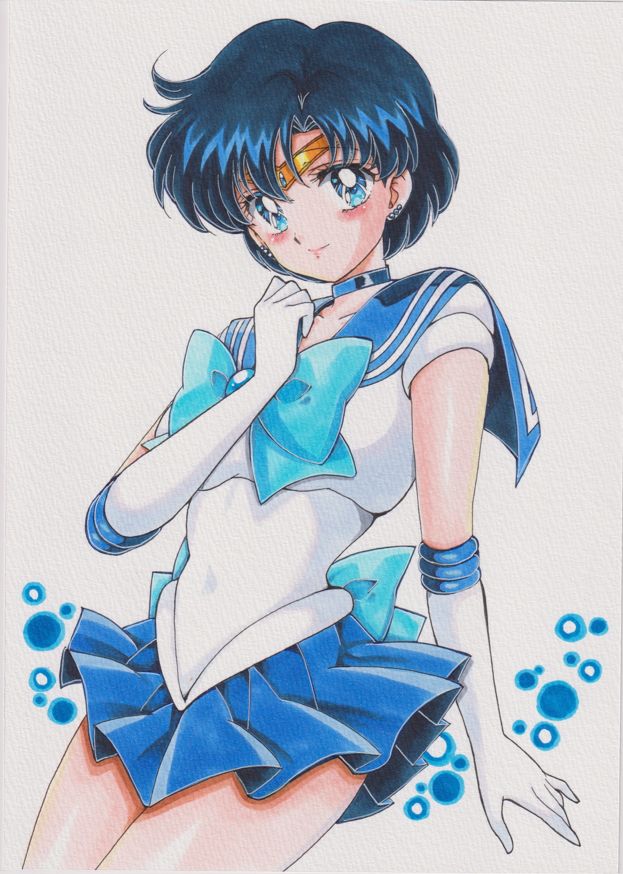 chikoto (kztc4472), mizuno ami, sailor mercury, bishoujo senshi sailor moon, absurdres, commentary, highres, 1girl, back bow, blue bow, blue bowtie, blue choker, blue eyes, blue hair, blue sailor collar, blue skirt, blush, bow, bowtie, choker, circlet, closed mouth, cowboy shot, elbow gloves, gloves, hand up, looking at viewer, magical girl, miniskirt, parted bangs, pleated skirt, sailor collar, sailor senshi uniform, shirt, short hair, short sleeves, simple background, skirt, smile, solo, white background, white gloves, white shirt