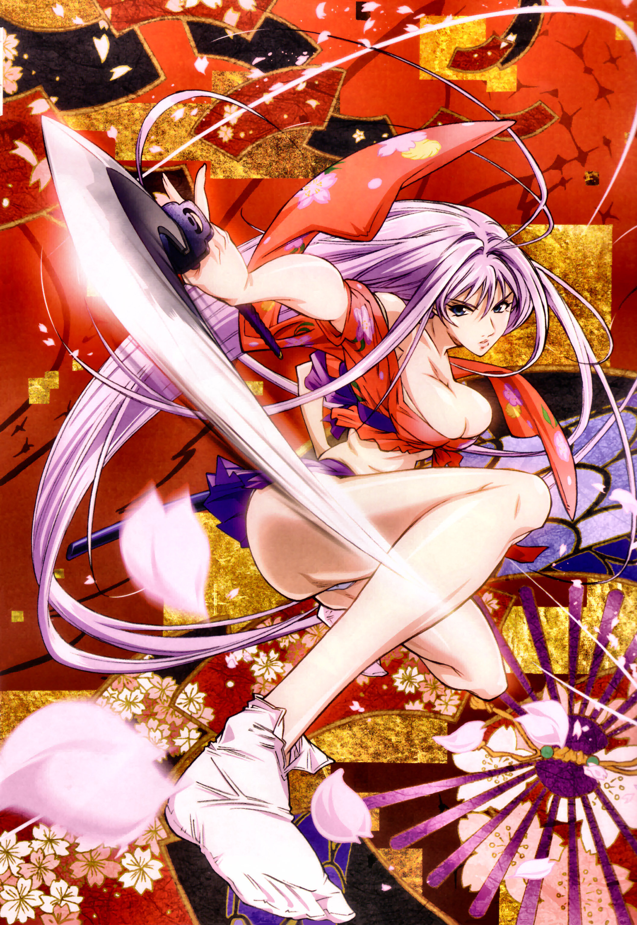 umehara takahiro, natsume maya, tenjou tenge, absurdres, highres, 1girl, antenna hair, breasts, bursting breasts, crop top, female focus, fighting stance, flower, japanese clothes, kimono, large breasts, long hair, long legs, midriff, panties, pantyshot, petals, purple hair, skirt, socks, solo, squatting, sword, underwear, upskirt, very long hair, weapon