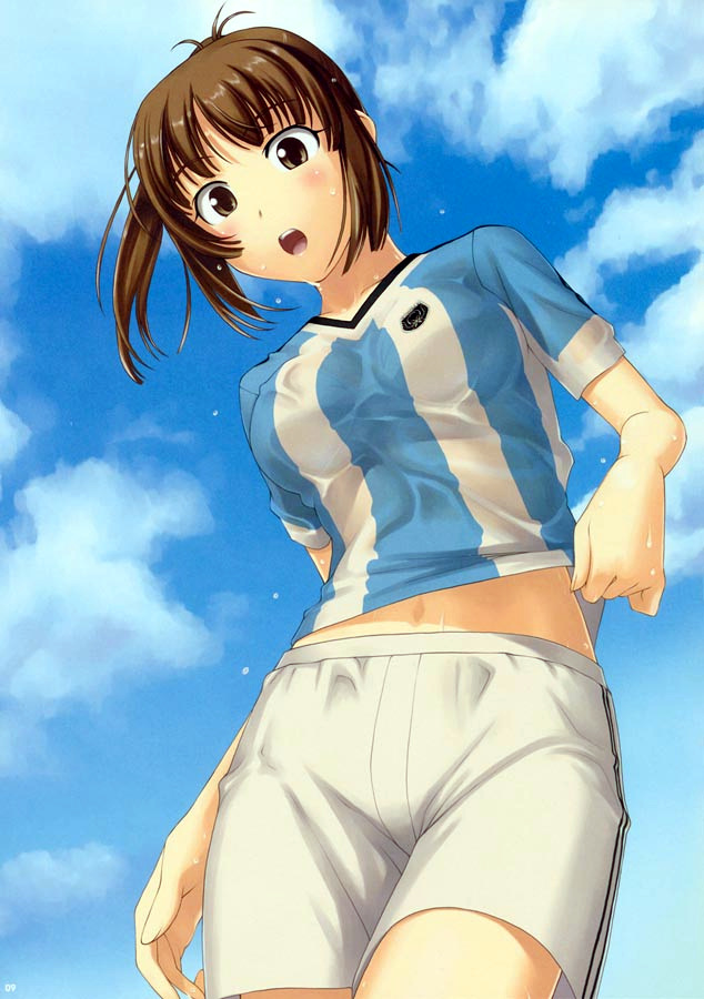 tanaka shoutarou, sakino asuka, 2006 fifa world cup, enterbrain, kimi kiss, world cup, 1girl, argentina, brown eyes, brown hair, female focus, midriff, navel, shorts, soccer, solo